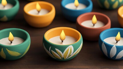 Hand-painted earthen diyas, colorful designs, 3D illustration