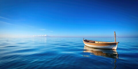 Fototapeta premium A small wooden boat sailing on a calm ocean with clear blue sky , boat, ocean, water, travel, adventure, nautical