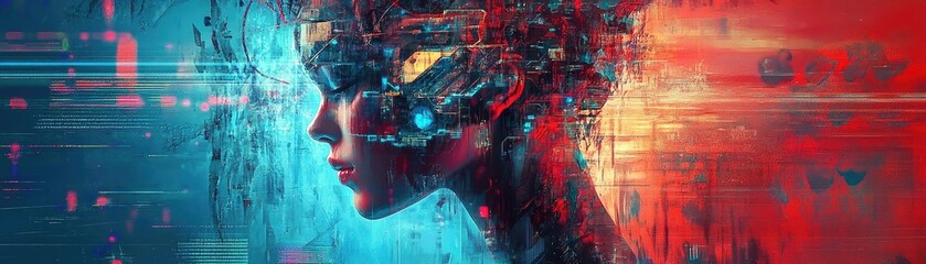 Obraz premium A futuristic portrayal of a humanoid figure with a digital and abstract aesthetic, blending technology and art in vivid colors.