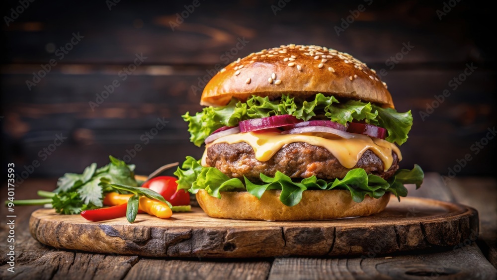 Wall mural delicious beef burger topped with melted cheese and fresh salad , burger, beef, cheese, salad, tasty