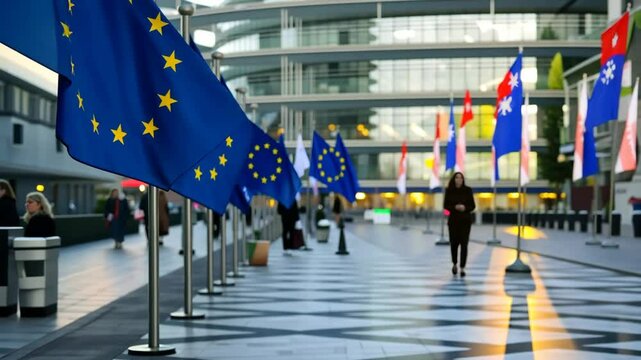 Evening stroll through the European Parliament grounds with flags waving in the breeze