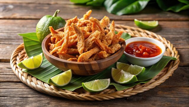 Fried Keropok Lekor with spicy chili sauce and fresh lime, Malaysian, snack, appetizer, street food, traditional