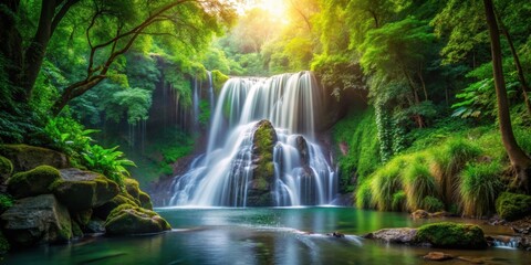 Obraz premium Enchanting waterfall surrounded by lush forest , magic, waterfall, forest, nature, peaceful, serene, mystical, tranquil