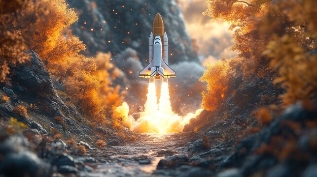 Space Shuttle Launch in a Mountainous Forest