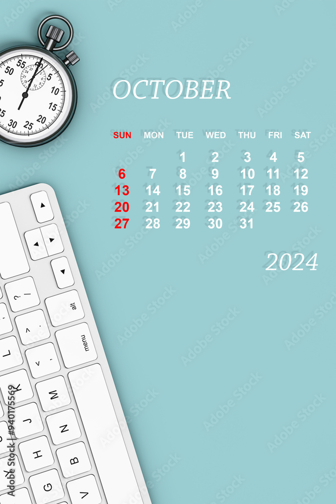 Aufkleber 2024 year calendar. october calendar. 3d rendering