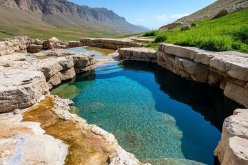 A hot spring surrounded by ancient ruins, with the warm water flowing through the remnants of stone structures