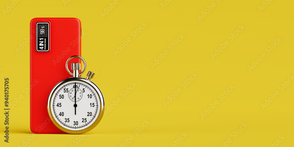 Poster red mobile devices charging power bank with stopwatch. 3d rendering