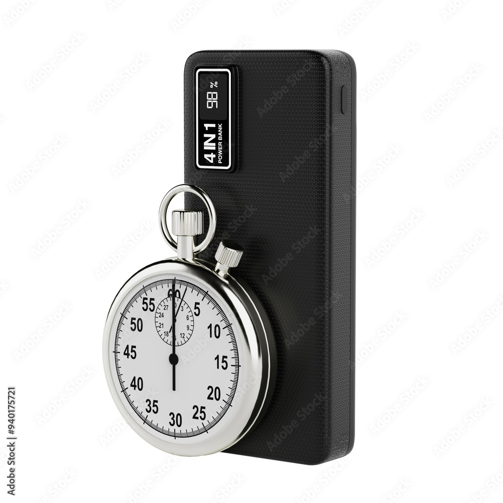 Poster mobile devices charging power bank with stopwatch. 3d rendering