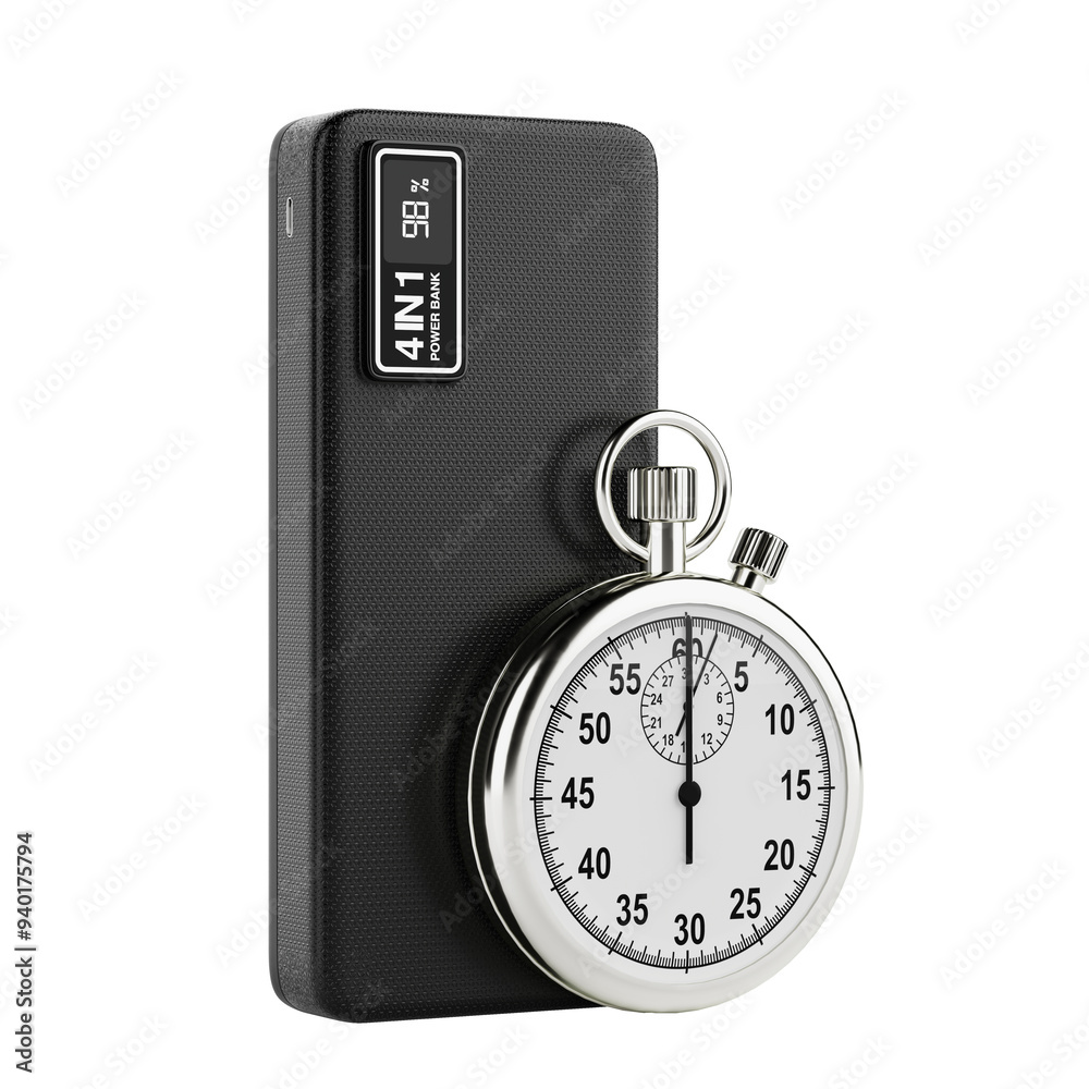 Poster mobile devices charging power bank with stopwatch. 3d rendering