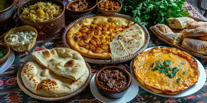 Traditional Dishes Featuring Khachapuri, Kubdari, and Puri Chadi Arranged on a Decorative Tablecloth