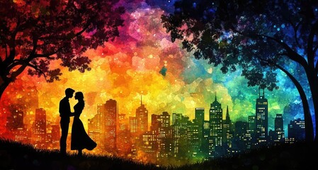 Naklejka premium A romantic silhouette of a couple against a vibrant, colorful city skyline, capturing the essence of love and connection.