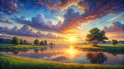 Captivating painting of a serene sunset over a peaceful landscape, serene, sunset, captivating, painting, nature, beauty