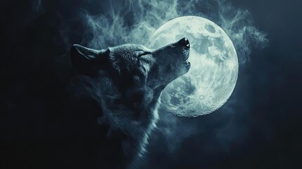Obraz premium A majestic wolf howling at a bright full moon, surrounded by mist and darkness, capturing the essence of nature's wild beauty.