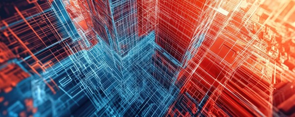 Obraz premium Abstract data visualization with illuminated lines in blue and red shades, representing digital technology and futuristic design.