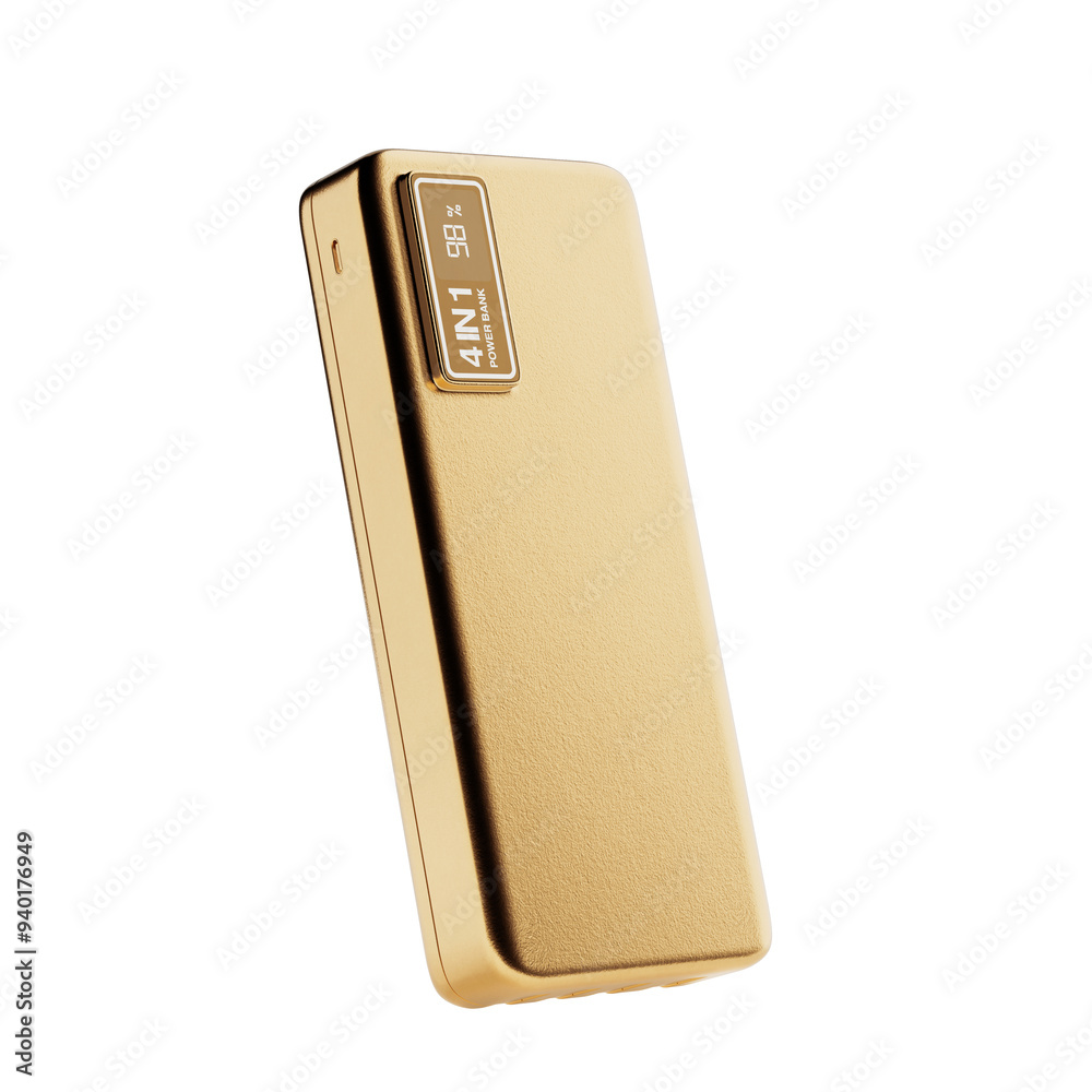Poster golden mobile devices charging power bank. 3d rendering