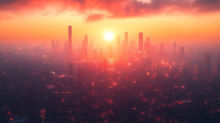 Cityscape at Sunset with Orange Skies