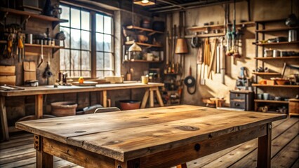 Wooden table in rustic workshop setting, wood, table, workshop, interior, furniture, vintage, craft, handcrafted