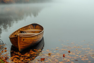 Fototapeta premium Autumn Serenity: Small Oak Dinghy on a Tranquil Inlet