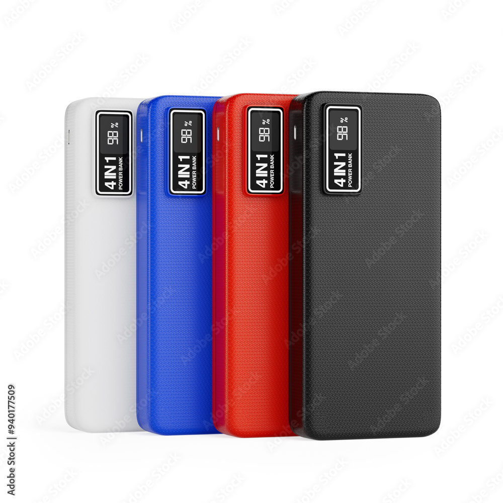 Poster colored mobile devices charging power banks. 3d rendering