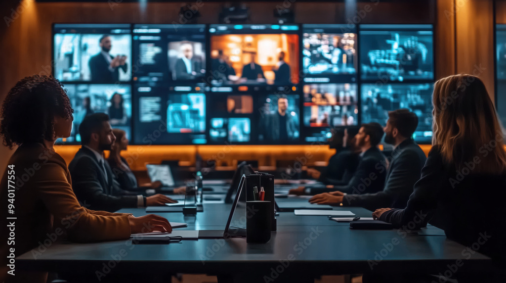 Poster corporate team in control room monitoring data. corporate team sits in a high-tech control room, mon