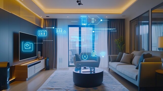 AI-driven home assistant controlling smart devices, AI smart home, Centralized digital management.