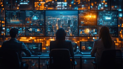 Control Room Overlooking City with Data Screens. Control room overlooks a cityscape at night, with three individuals monitoring large digital screens displaying data analytics.