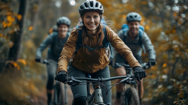 Group of friends riding mountainbikes in a autumn day un the park