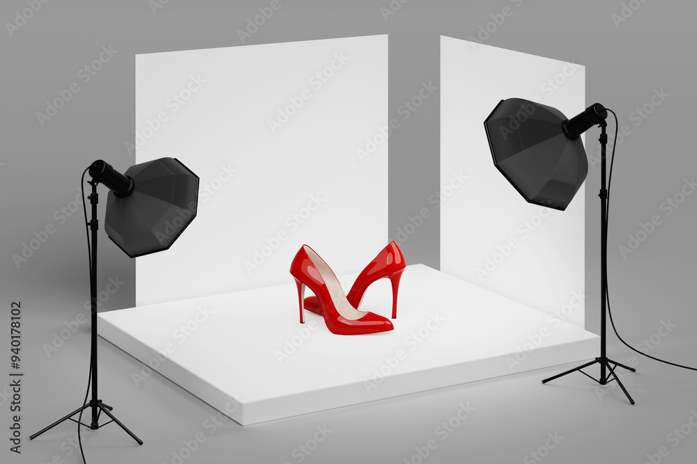 Poster director chair, movie clapper and megaphone on a white photo background and softboxes in studio. 3d 