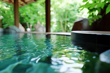 A hot spring surrounded by bamboo forests, with the sound of rustling leaves and flowing water creating a calming atmosphere