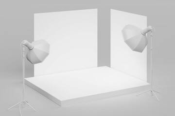 Modern Empty White Photo Background and Softboxes in Studio as Clay Duotone Monochrome Style. 3d Rendering