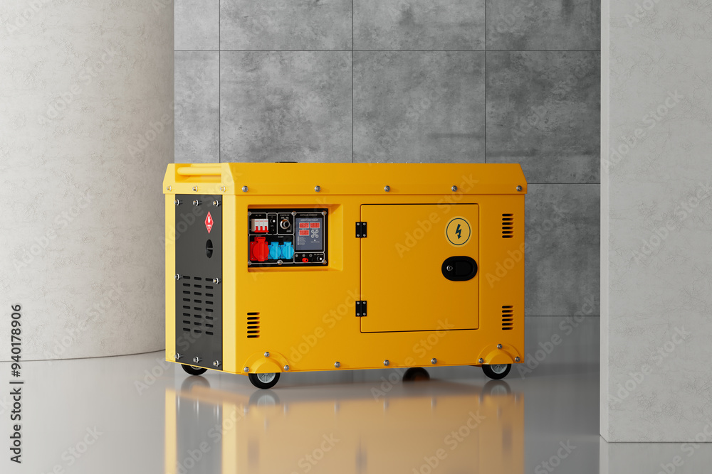 Aufkleber big yellow outside auxiliary electric power generator diesel unit for emergency use in big white hal