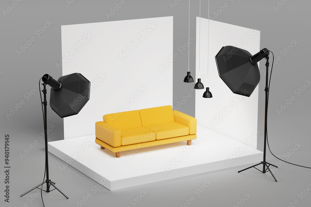 Poster yellow simple modern sofa furniture on a white photo background and softboxes in studio. 3d renderin