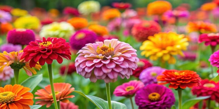 Colorful zinnias in full bloom in a summer garden, zinnias, flowers, vibrant, colorful, garden, summer, blooming, petals, nature