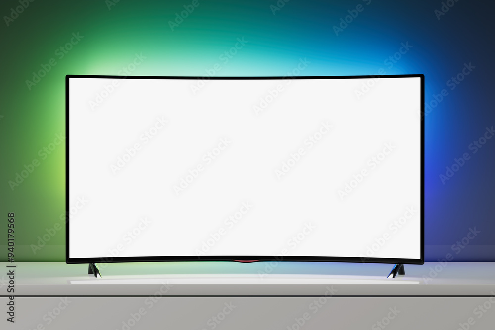 Poster Modern Curved Led or LCD TV Screen with Ambient Color Backlight Strips. 3d Rendering