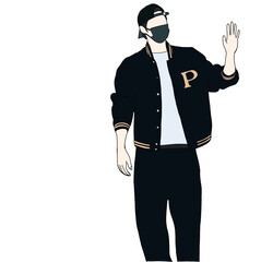 Illustration vector of Kpop airport fashion. Airport idols of Korea. K-pop male fashion idol. A boy in comfortable casual wear