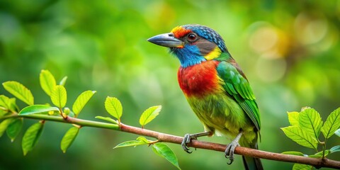 Barbet bird perched on a lush green branch, Barbet, bird, branch, wildlife, nature, colorful, feathers, tropical, perched, animal