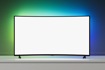 Modern Curved Led or LCD TV Screen with Ambient Color Backlight Strips. 3d Rendering