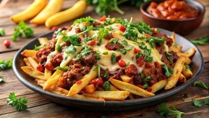 Chilli cheese fries loaded with beef, herbs, spices, and parsley garnish, chilli cheese fries, loaded, beef, herbs