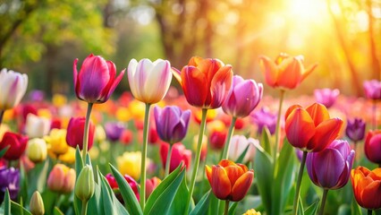 Obraz premium Tulips blooming in a vibrant garden under the sun on a spring day, perfect for a florist's Valentine's Day background