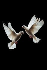 Two white doves flying on black background