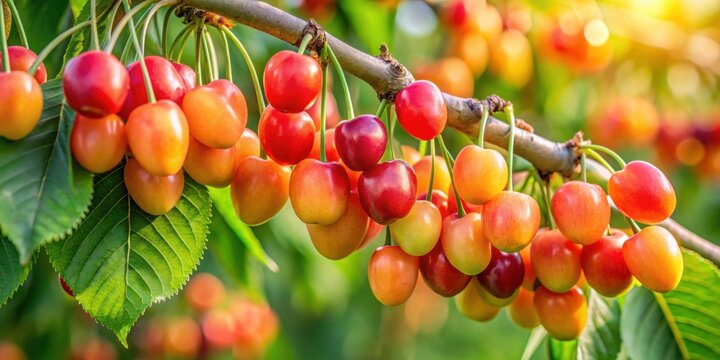 Rainier cherry tree branch with ripe cherries ready for harvest in a fruit garden , Rainier cherry, harvest, garden, fruit