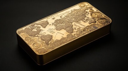 Fototapeta premium A beautifully designed gold bar featuring an intricate world map, perfect for luxury, finance, or travel-themed projects.