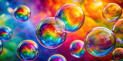 Rainbow soap bubbles floating on vivid colorful backdrop close up, rainbow, soap bubbles, bright, colorful, background