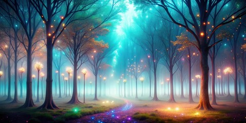Naklejka premium Ethereal forest with abstract glowing trees and misty luminescent ground, ethereal, forest, glowing, abstract, trees