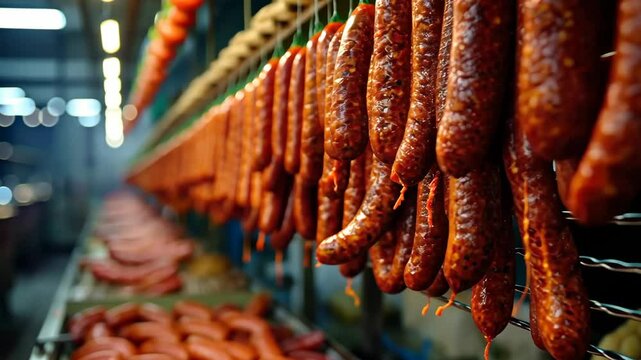 Artisan sausage production in a bustling market known for handcrafted meats and local flavors