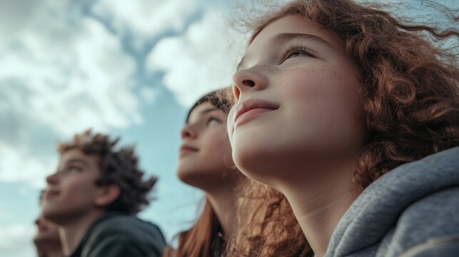Close-up of a diverse group of young people gazing upward with hope and determination, symbolizing aspirations for a better future.