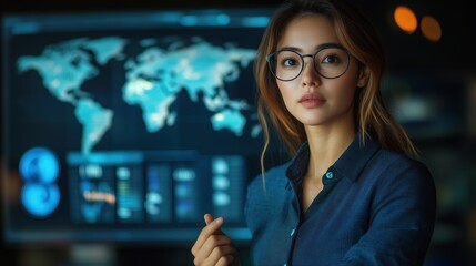 Obraz premium Businesswoman Analyzing Global Market Data. Young businesswoman examines a global data map, focusing on international market trends and strategic planning, representing business intelligence.