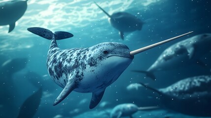 Obraz premium Narwhal swimming in blue water.