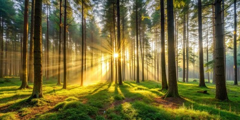 Obraz premium Sunlight filtering through trees in a tranquil forest setting at dawn, forest, morning, sunrise, trees, nature, peaceful, tranquil