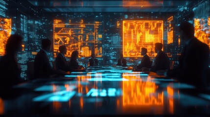 Futuristic boardroom filled with executives surrounded by digital data screens, showcasing financial statistics and strategic planning in a high-tech environment.